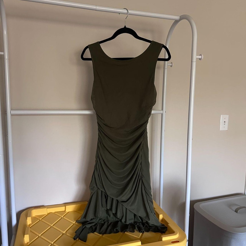 Olive Green Ruched Mesh Midi Dress